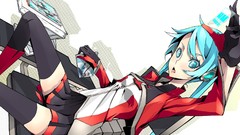 Headphones gloves sitting stockings skirts long hair anime 