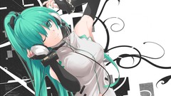 Headphones gloves wires long hair anime girls armpits green 