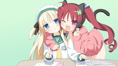 Headphones green background blondes blush pink eyes anime girls 