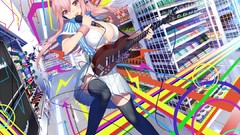 Headphones guitars pink hair nitroplus super sonico cleavage 