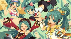 Headphones hats pants bracelets skirts smiling long hair green 