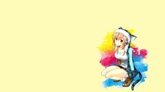 Headphones hats yellow background red eyes pink hair anime 