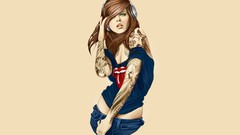 Headphones jeans drawings tattoos brunettes artwork Rolling 