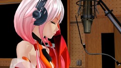 Headphones microphones pink hair long hair anime girls closed 