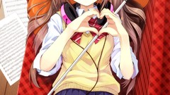 Headphones microphones skirts blush smiling anime girls brown 