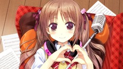 Headphones microphones smiling long hair anime girls brunettes 