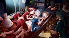 Headphones navel beds bedroom pillows blue hair anime girls 