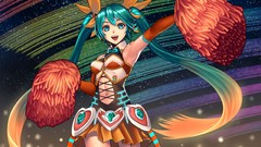 Headphones navel bows skirts long hair anime girls armpits blue 