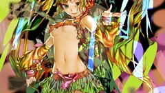 Headphones navel gloves bracelets skirts long hair green eyes 