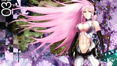 Headphones navel gloves tattoos pink hair long hair pink eyes 