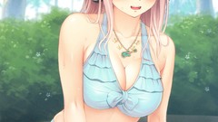 Headphones navel red eyes sitting skirts pink hair smiling long 