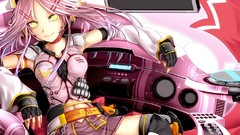 Headphones navel rings gloves skirts pink hair smiling long 