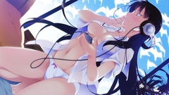 Headphones navel shirts long hair anime girls brunettes ecchi 