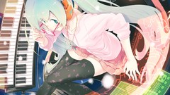 Headphones piano glasses sitting instruments keyboards skirts 