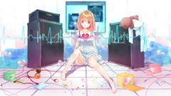 Headphones pink eyes anime girls short hair white dress orange 