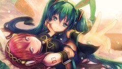 Headphones pink hair long hair blue eyes green eyes headsets 