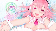 Headphones pink hair pink eyes anime girls nitroplus super 