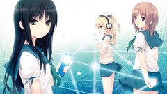 Headphones red eyes beams schoolgirls bows blondes skirts long 