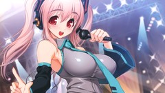 Headphones red eyes blush pink hair long hair anime girls 