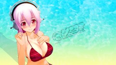 Headphones red eyes blush pink hair short hair nitroplus super 