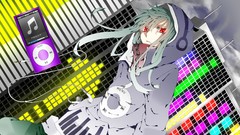Headphones red eyes buildings hoodies ipod short hair vocaloid 