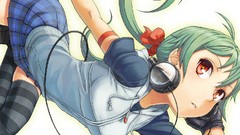 Headphones red eyes gloves Ribbons skirts anime girls ponytails 