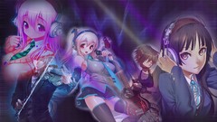 Headphones red eyes guitars long hair anime girls