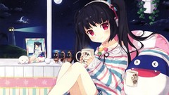 Headphones red eyes mugs black hair pangya kooh twintails 