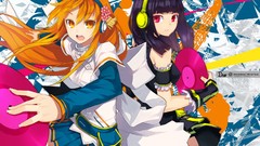 Headphones red eyes skirts long hair anime girls open mouth 