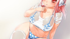 Headphones red eyes stockings pink hair short hair super sonico 