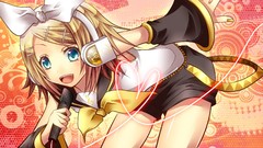 Headphones Ribbons blondes microphones anime girls blue eyes 