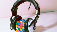 headphones Rubik's Cube Simple Background wires colorful Cube