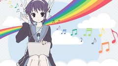Headphones school uniforms short hair nagato yuki black eyes 