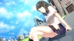 Headphones schoolgirls brunettes school uniforms black eyes