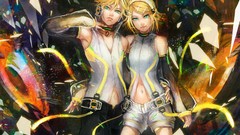 Headphones Shorts blondes twins green eyes short hair vocaloid 