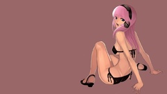 Headphones sitting pink hair long hair anime girls blue eyes 