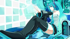 Headphones sitting tattoos skirts long hair speakers headsets 