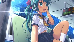 Headphones socks navel sitting schoolgirls bows skirts sunlight 