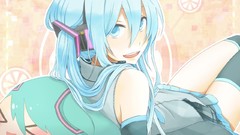 Headphones stockings pillows skirts blue hair smiling long hair 