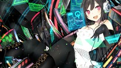 Headphones Technology dress red eyes gloves sitting stockings 