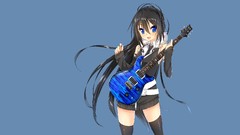 Headphones tie blue background stockings guitars blush smiling 