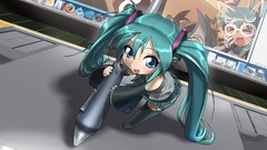 Headphones tie Chibi stockings skirts smiling anime girls 