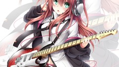 Headphones tie guitars skirts anime girls nekomimi animal ears 