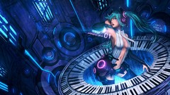 Headphones tie navel instruments keyboards long hair anime 