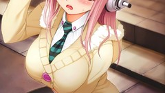 Headphones tie red eyes pink hair anime girls nitroplus super 