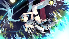 Headphones tie skirts blue hair long hair anime girls blue eyes 