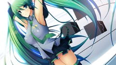 Headphones tie skirts long hair armpits blue eyes green eyes 