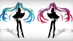 Headphones tie skirts shadows blue hair pink hair long hair 
