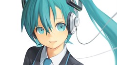 Headphones tie smiling blue eyes hatsune miku vocaloid twintails