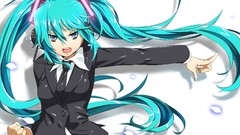 Headphones tie white background fist suit shadows long hair 